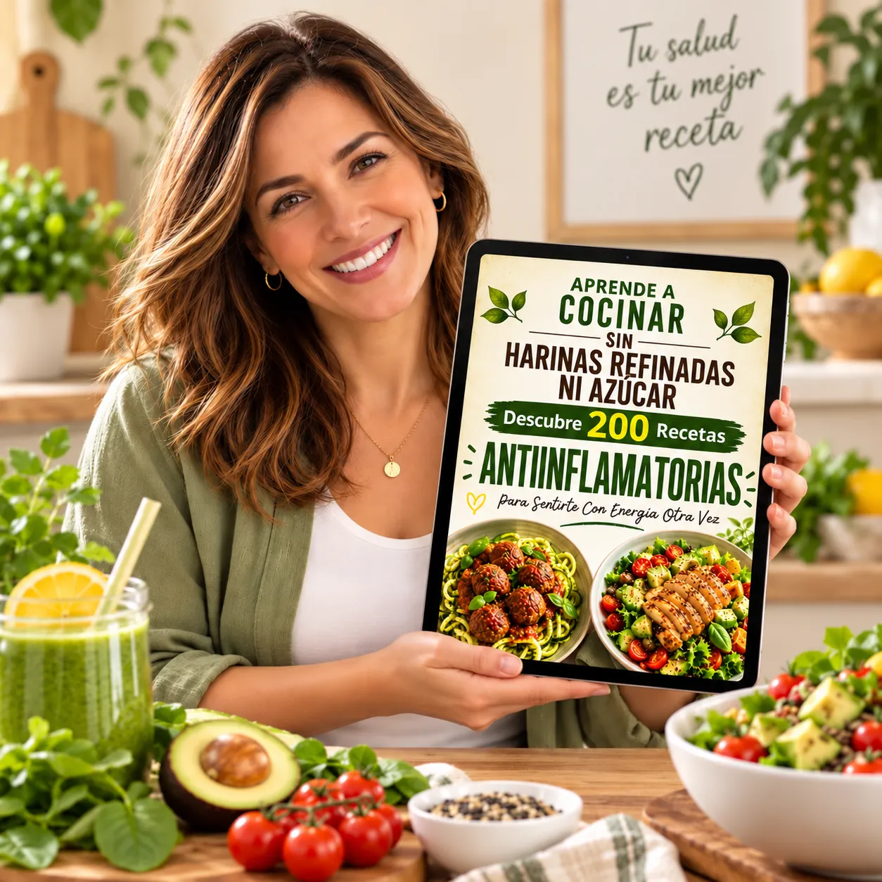 Catálogo digital de 200 recetas antiinflamatorias sin harinas refinadas y sin azúcar, con guía de alimentación y versión para tablet