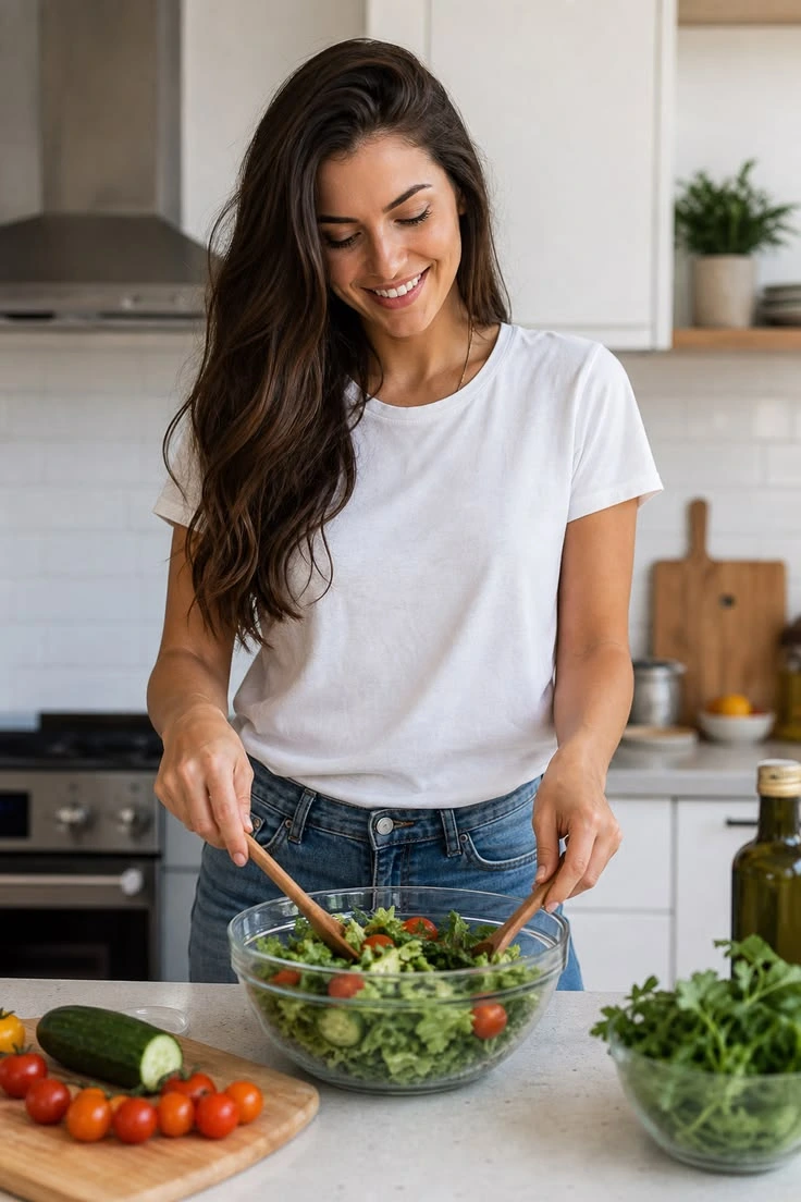 Mujer cocinando en casa una ensalada fresca con vegetales de colores