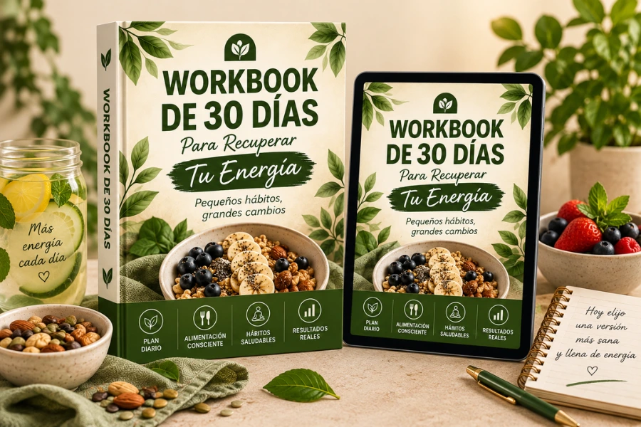 Mockup del bono Workbook de 30 Días Para Recuperar Tu Energía