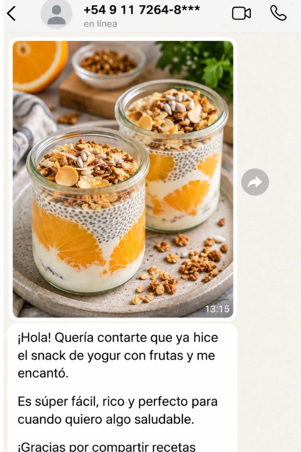 Testimonio de WhatsApp: snack de yogur con frutas