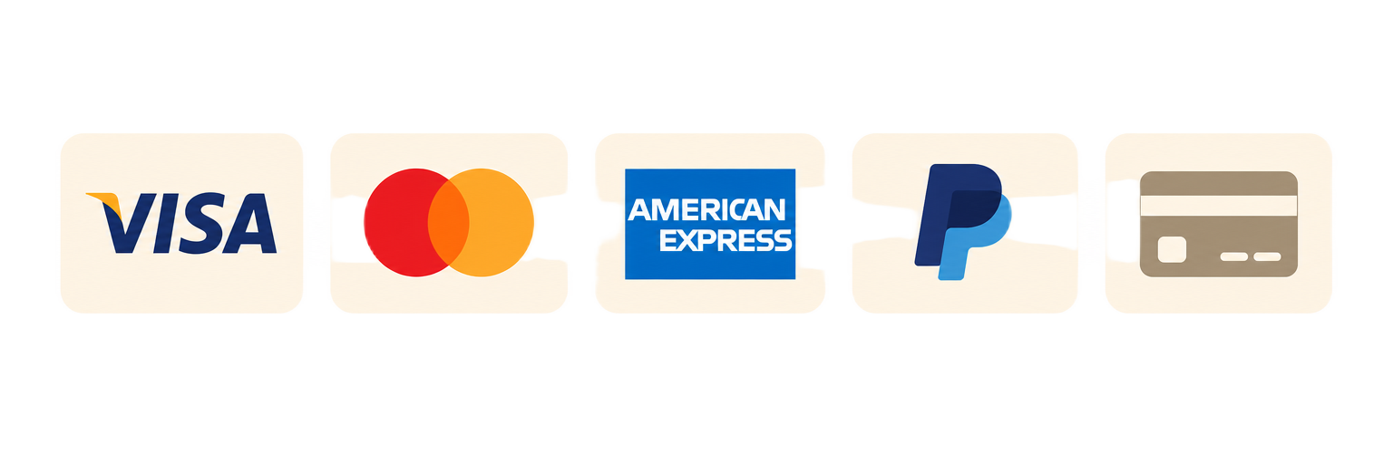 Métodos de pago aceptados: Visa, Mastercard, American Express, PayPal y tarjeta de crédito